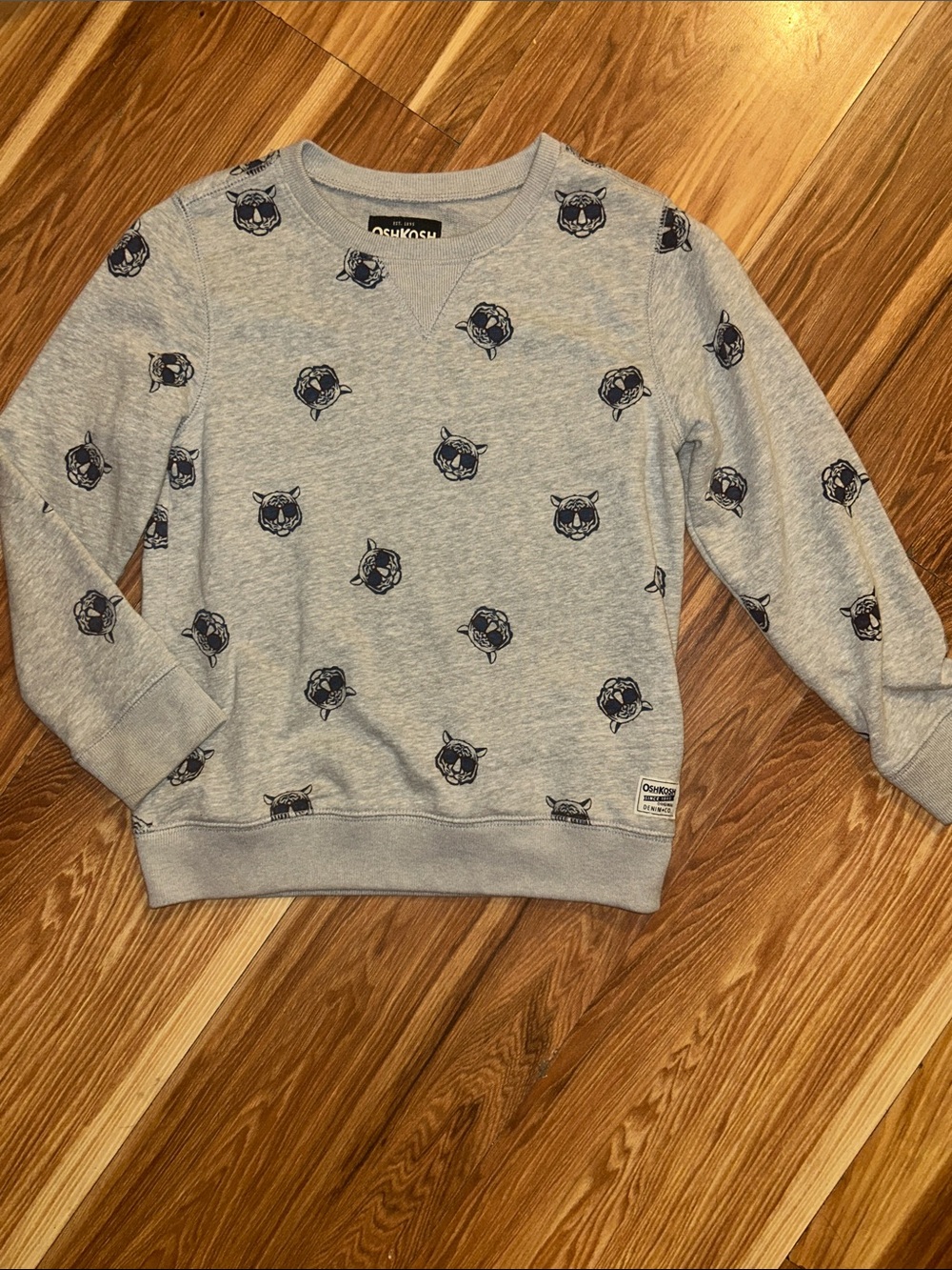 OshKosh B'gosh Heather Gray Crewneck Sweater with Navy Tiger Faces